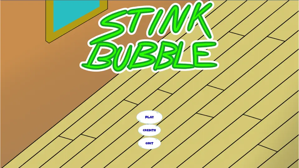 Title screen with green title text on top of an interior room with wood floors and a window, with buttons below inside of white bubbles.
