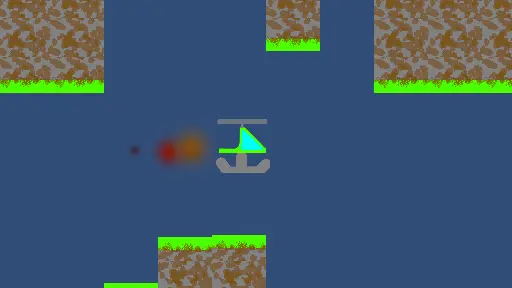 Gameplay screenshot of a silly low-resolution helicopter flying between grassy columns against a blue background