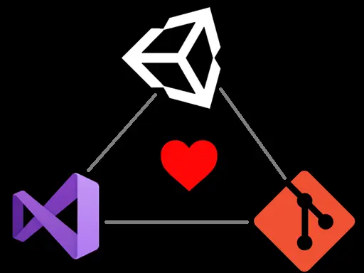 Image of the Unity, Visual Studio, and Git logos connected by lines with a red heart in the middle